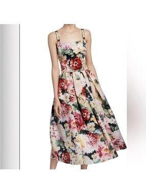 Dolce Gabanna Floral Midi Dress with Square Neck - Pink Multi